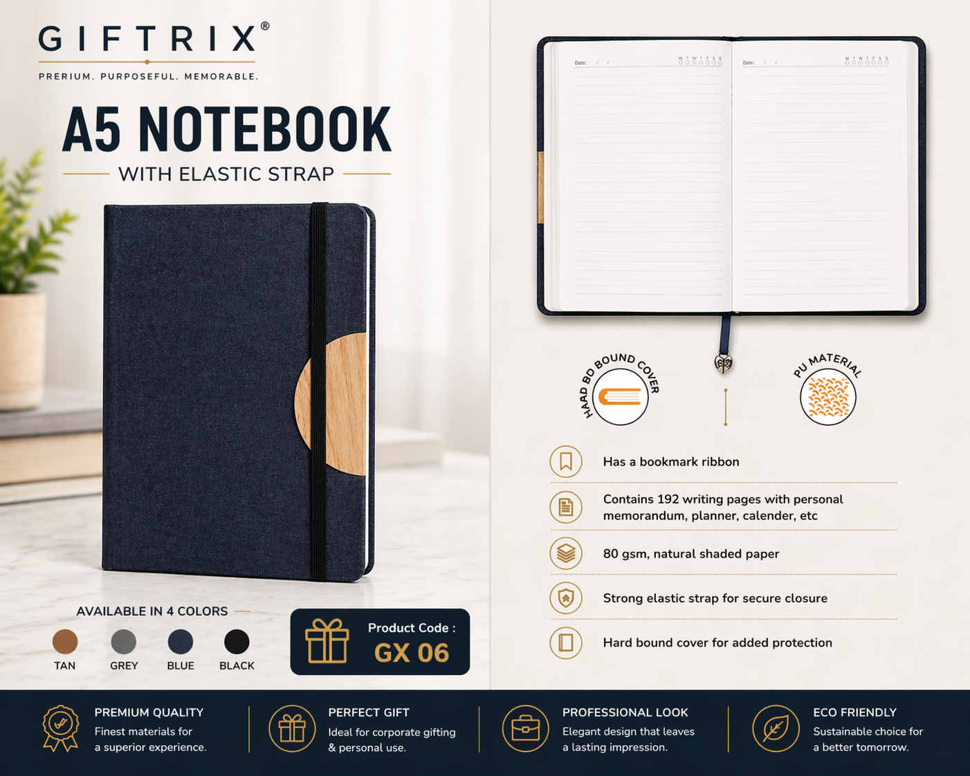 A5 Notebook with Elastic Strap in 4 colours