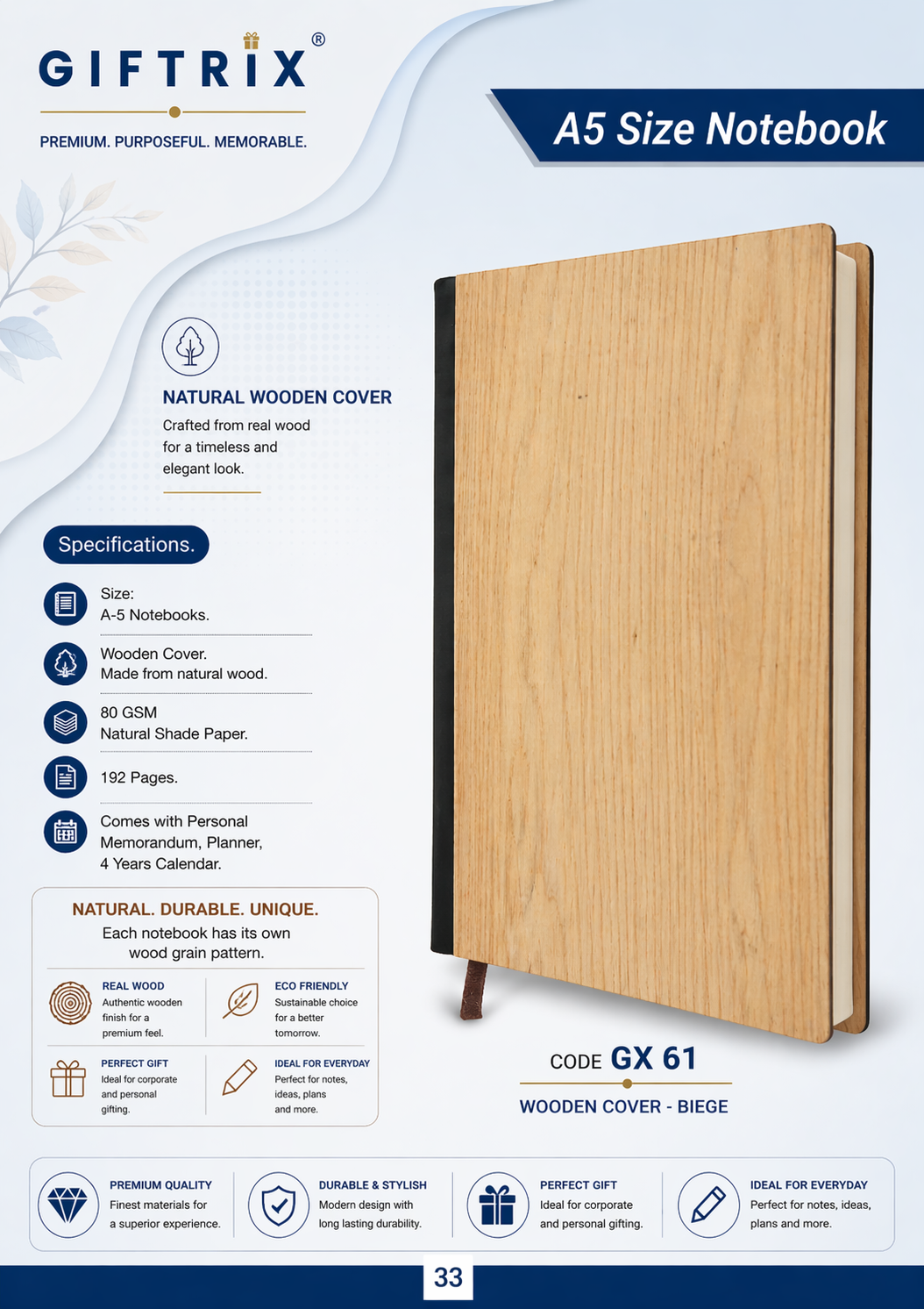 A5 Size Notebook with Wooden Cover in beige