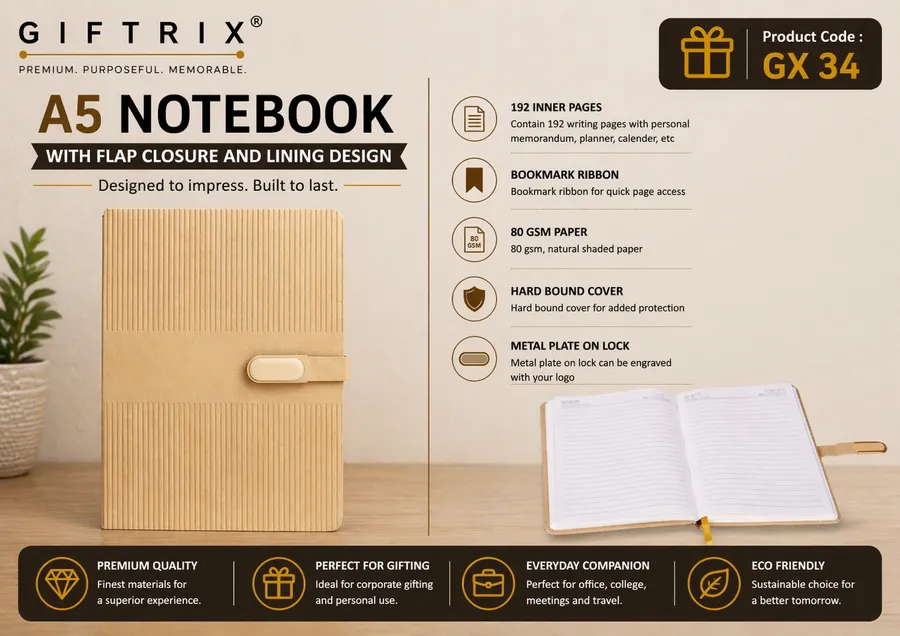 A5 Notebook with Flap Closure and Lining Design in cream