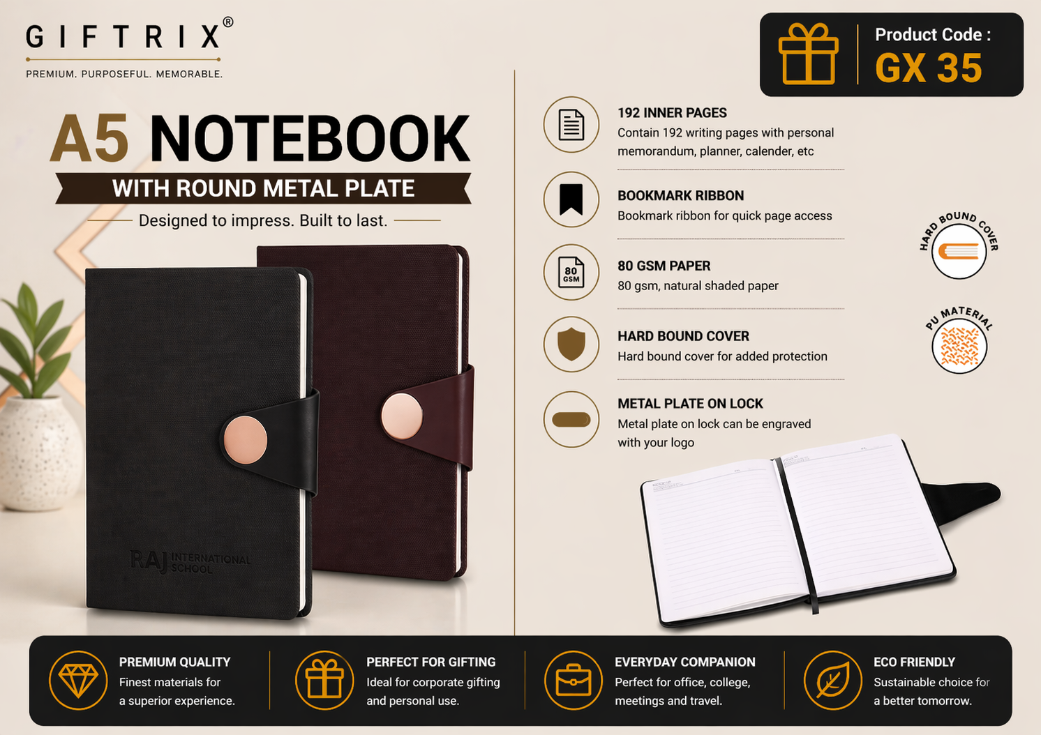 A5 Notebook with Round Metal Plate in black and brown