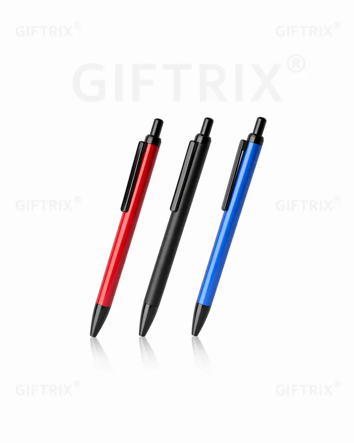 Click-action metal pens in red, black and blue