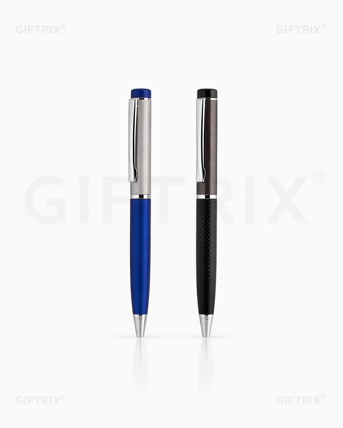 Chrome cap twist pens in blue and black