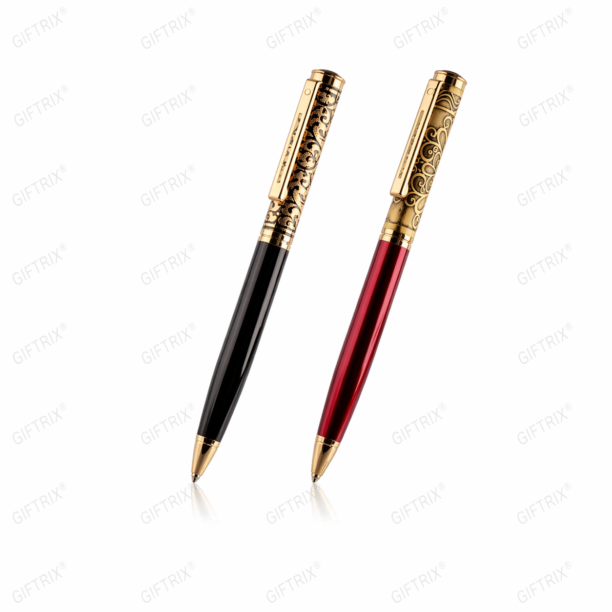 Engraved gold cap pen duo in black and maroon