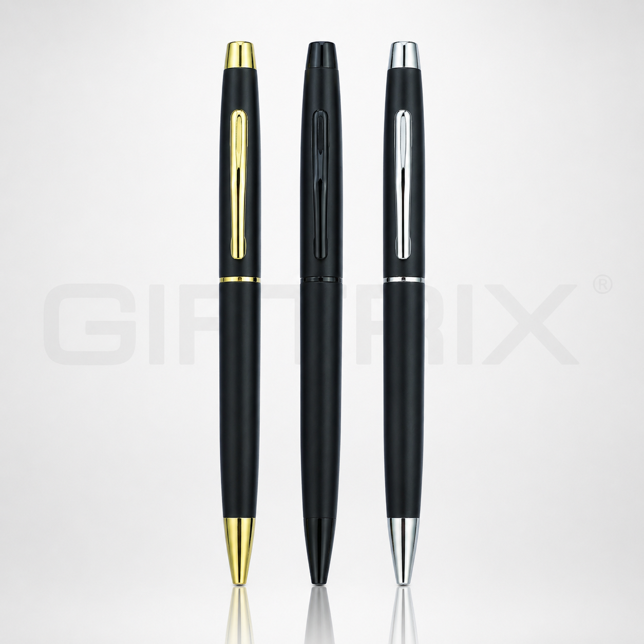 Matte black pen trio with gold silver and chrome trims
