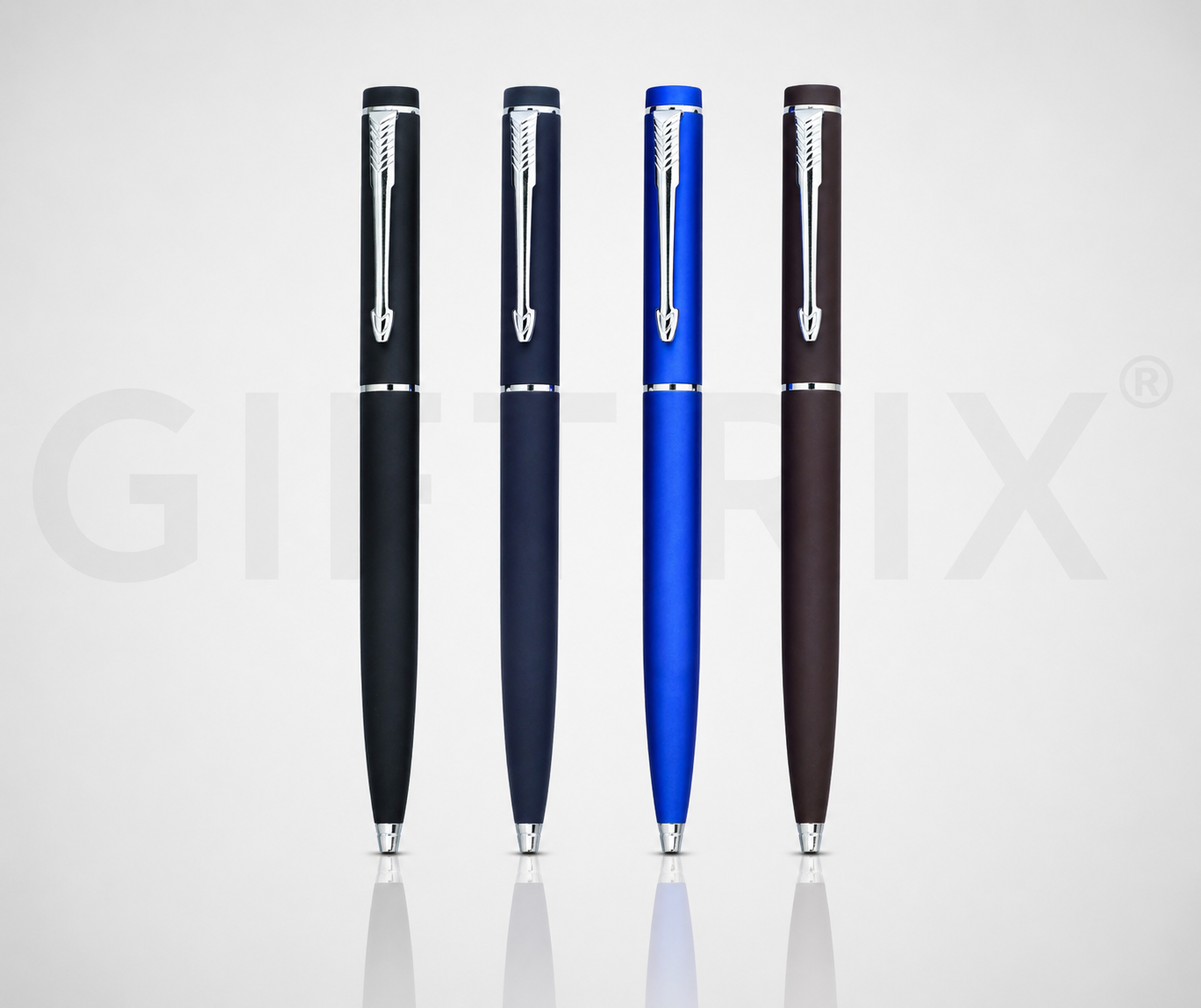 Metallic chrome pen quad in black gunmetal blue and brown