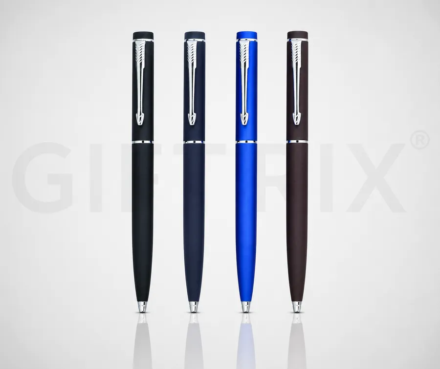 Metallic chrome pen quad in black gunmetal blue and brown