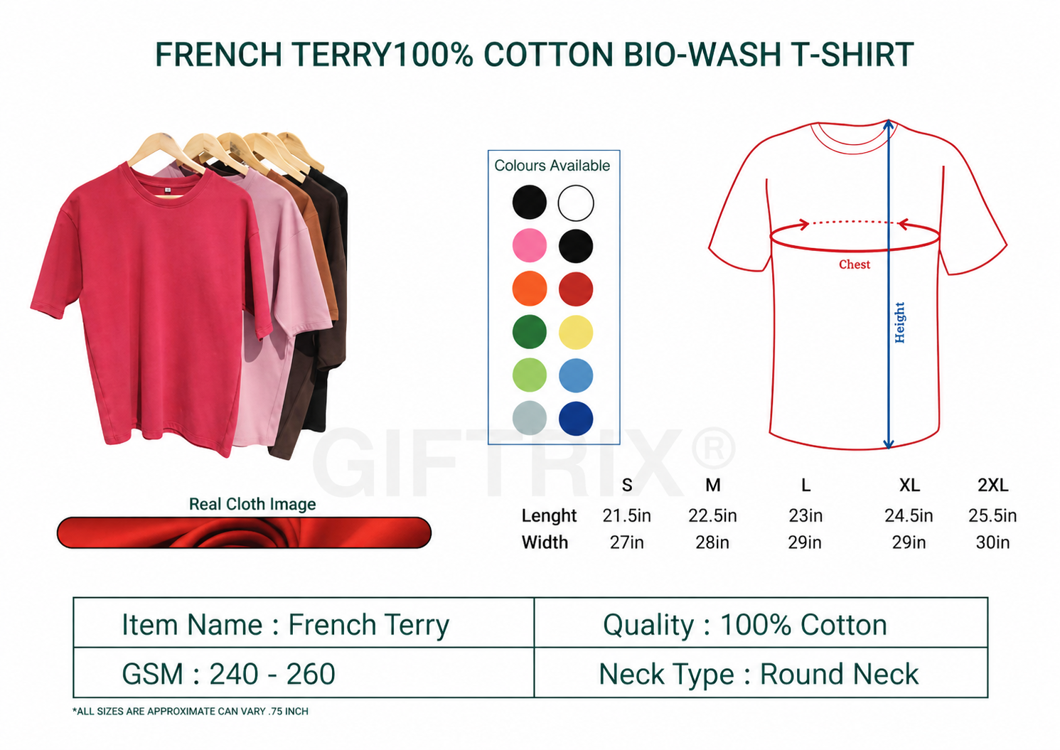 French terry 100% cotton bio-wash t-shirt