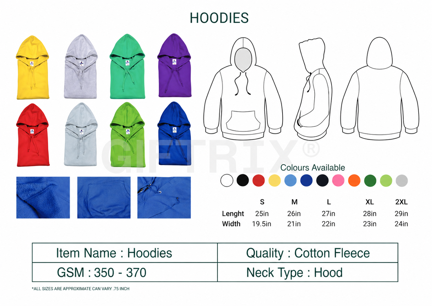 Cotton fleece hoodies in 9 colours