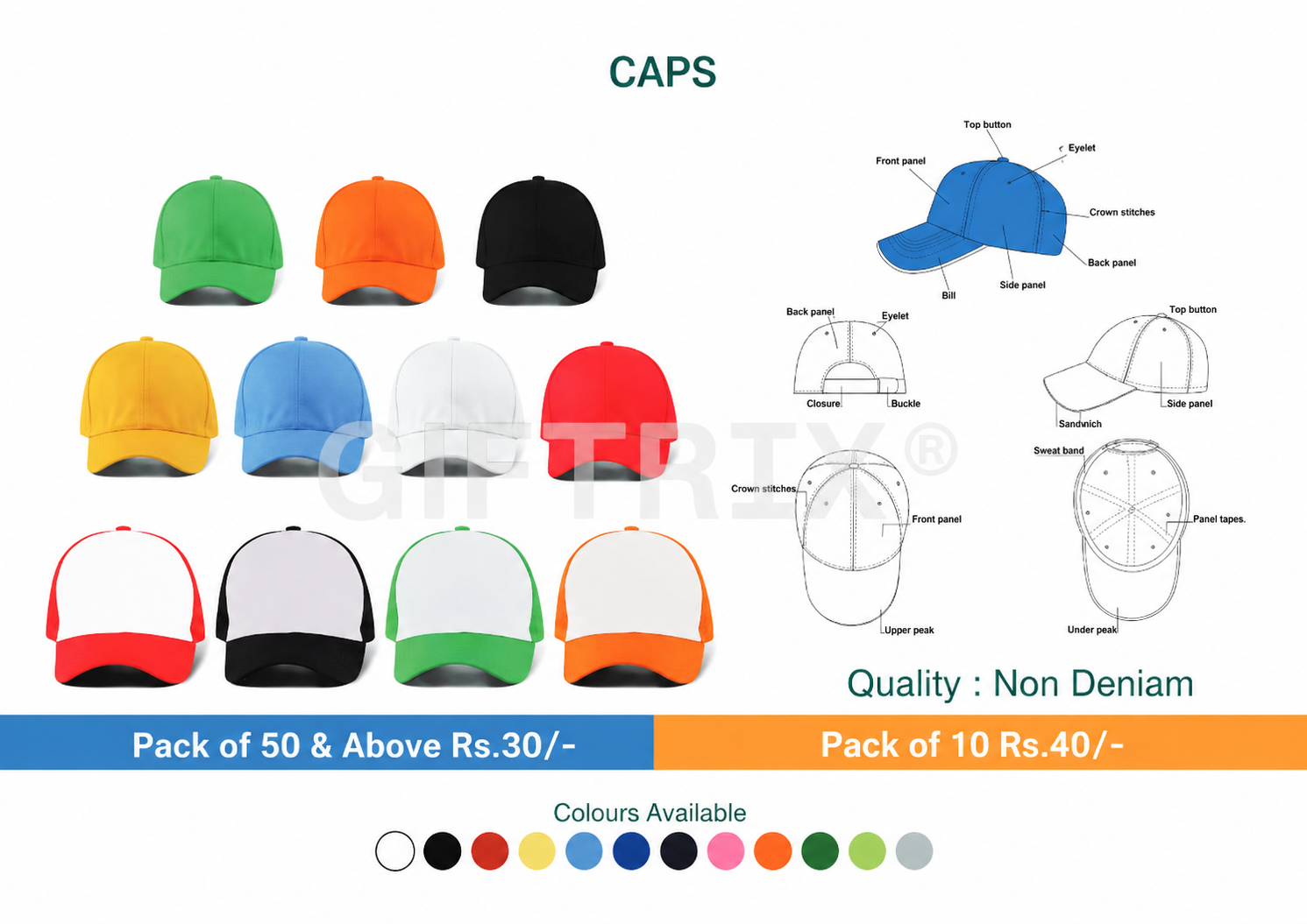 Promotional caps in 12 colours with mesh and solid options