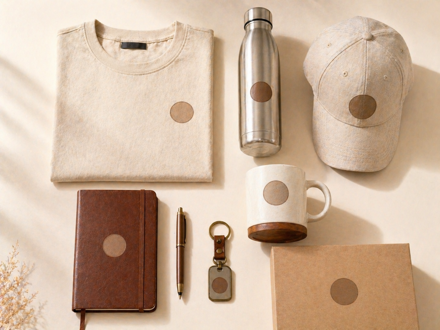 Premium flat-lay of corporate branded merchandise — t-shirt, bottle, mug, notebook, pen, keychain, cap
