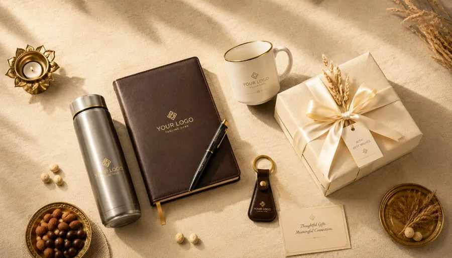 Premium corporate gift flat-lay — bottle, notebook, pen, mug, t-shirt