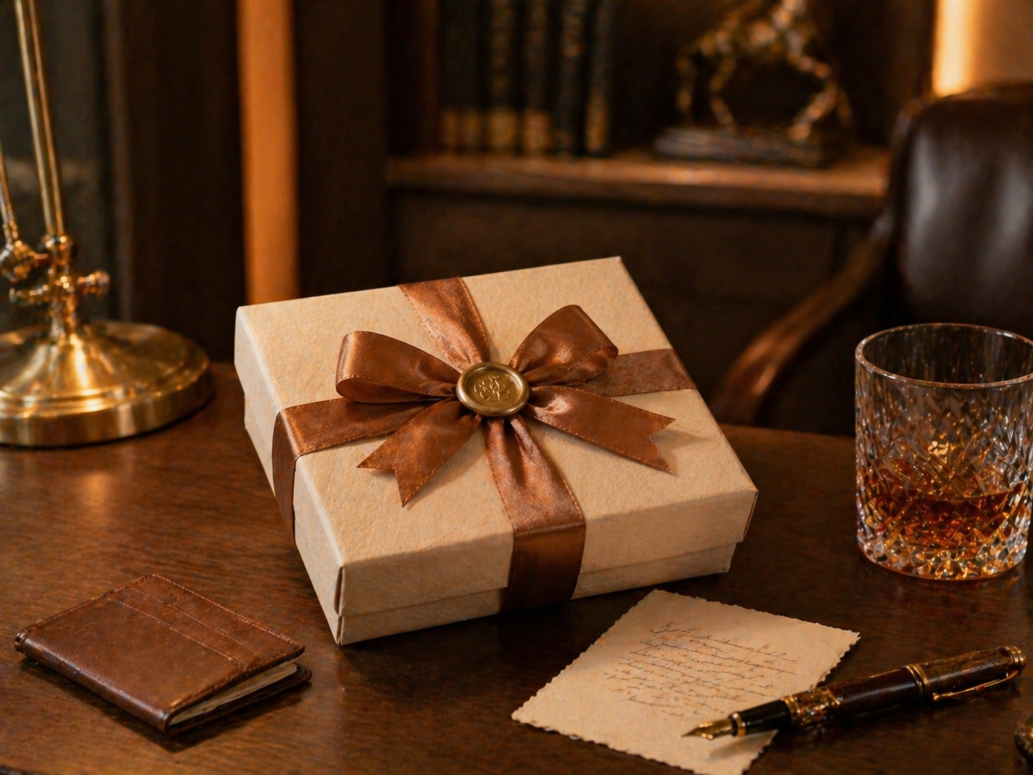 Elegant client gift box on dark walnut executive desk with handwritten card
