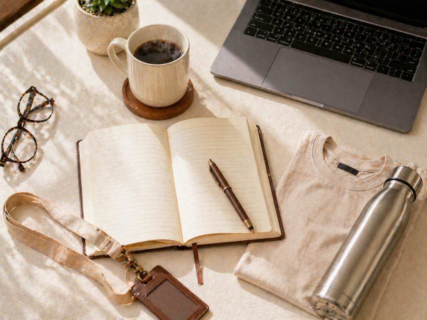 Employee welcome kit on a fresh office desk — notebook, mug, bottle, lanyard, t-shirt