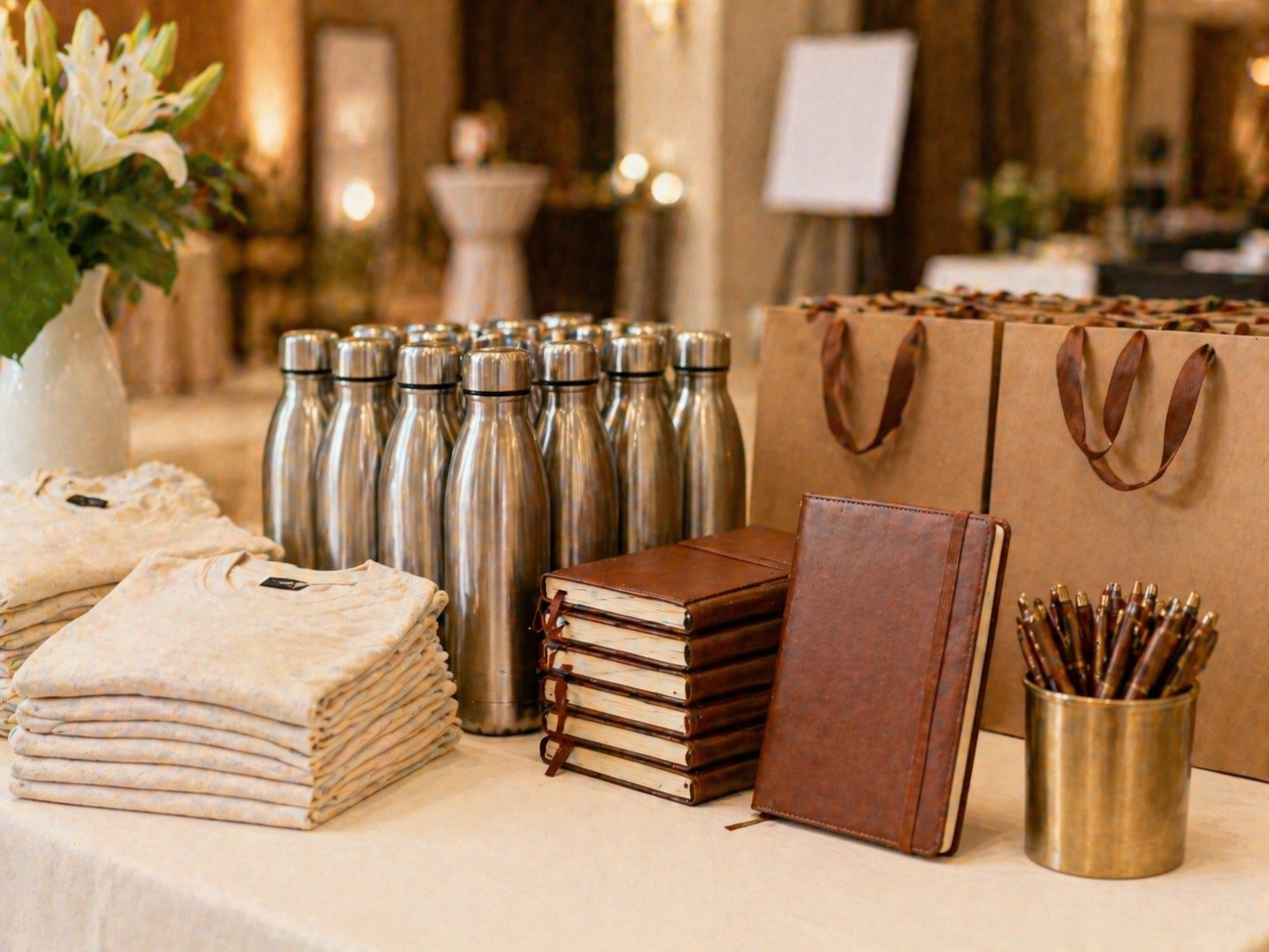 Conference event registration table with branded giveaways — bottles, notebooks, t-shirts, gift bags