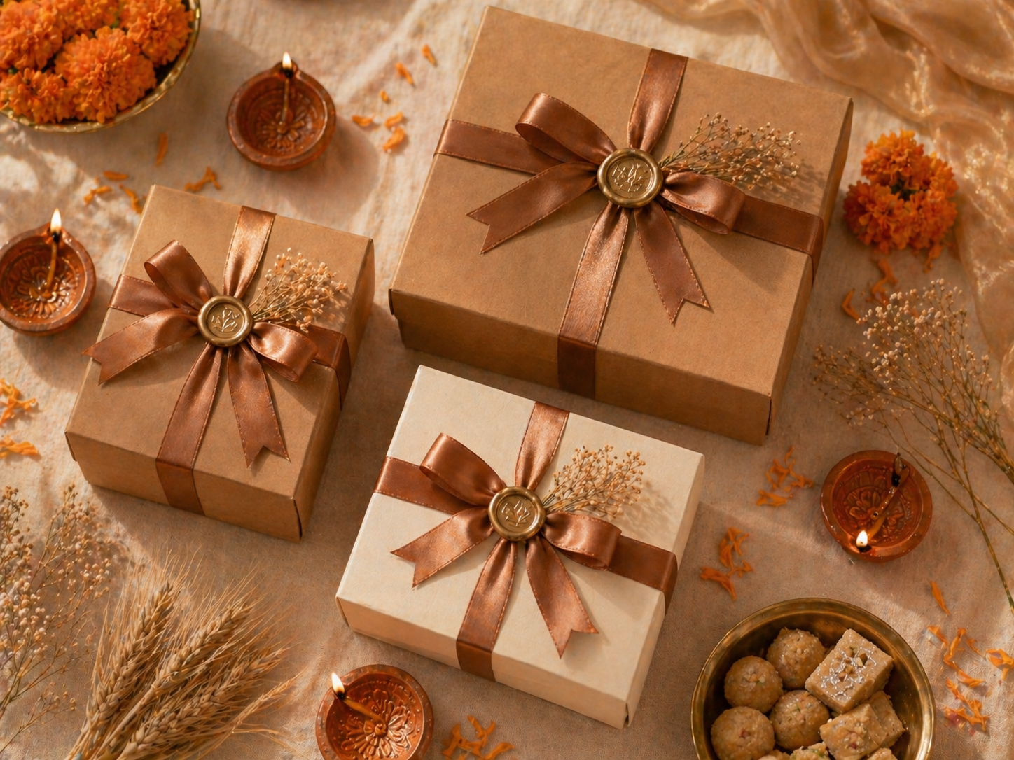 Premium Diwali festive hamper gift boxes with bronze ribbons and diyas