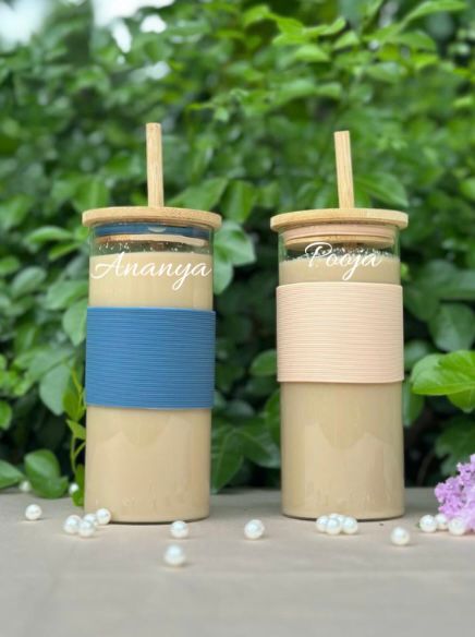 Personalized Glass Tumbler With Bamboo Straw & Lid