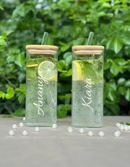 Personalized Glass Tumbler With Lid & Straw
